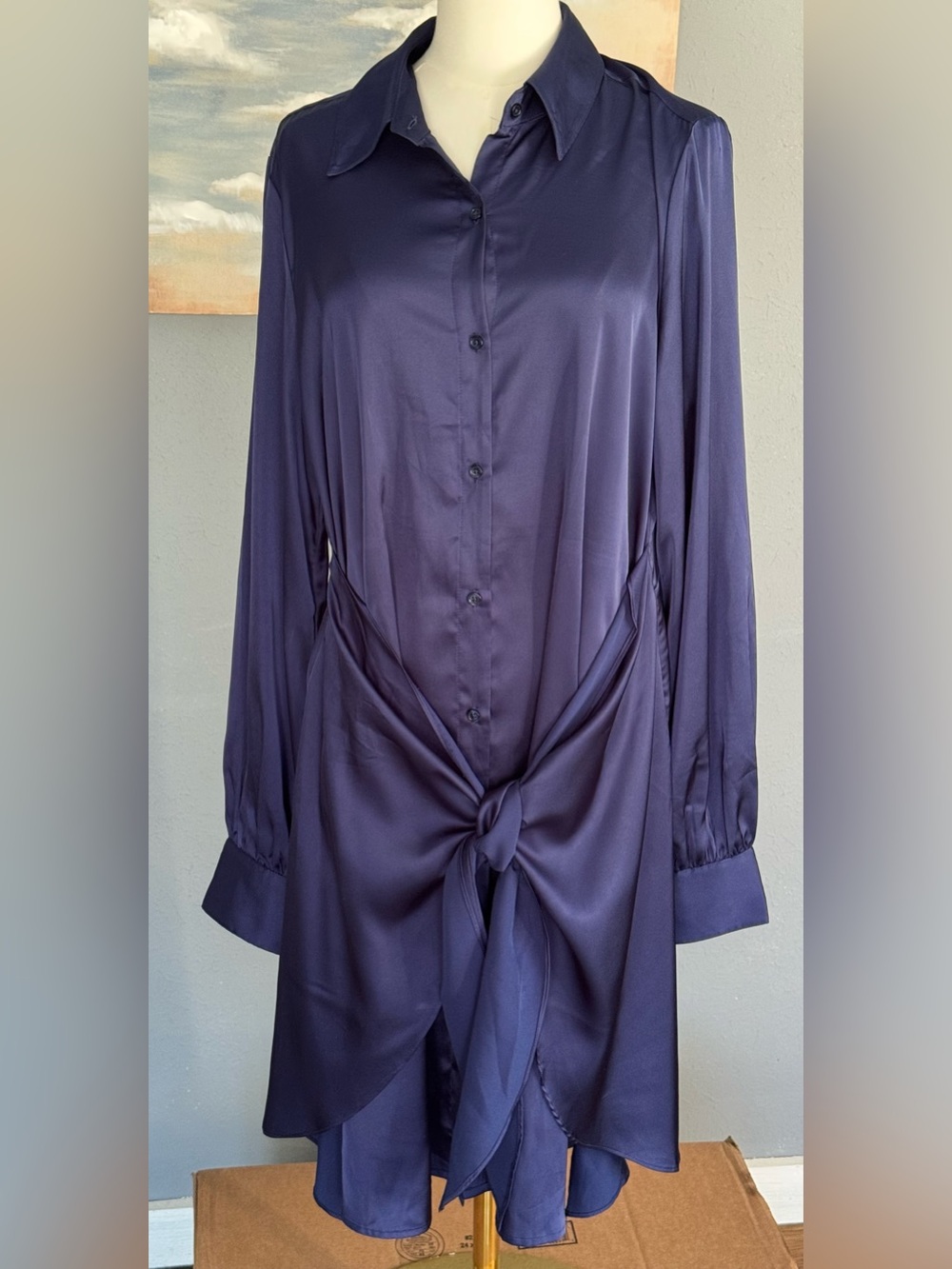 NWT Banana Republic Dress Womens Mt MTall Navy Long Sleeve Tie Front ShirtMidi